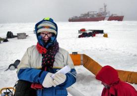 Graduate student Mengnan Zhao, shown here on an ice floe in the Arctic Circle.